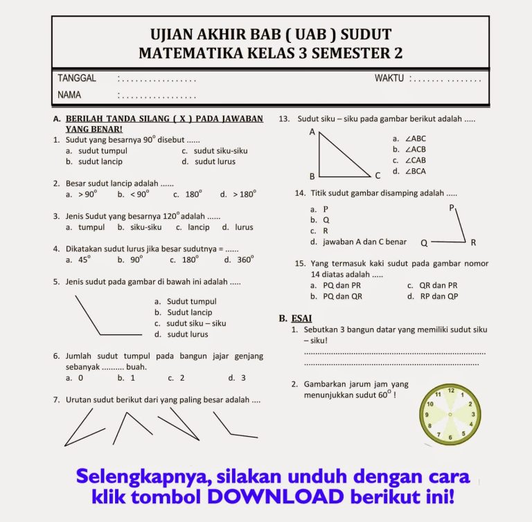 15 Contoh soal matematika kelas 3 tentang sudut yang sering keluar saat ujian 2026