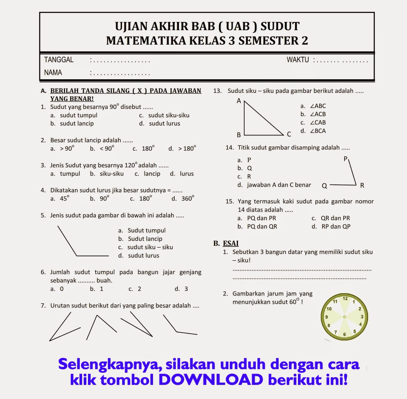 15 Contoh soal matematika kelas 3 tentang sudut yang sering keluar saat ujian 2026