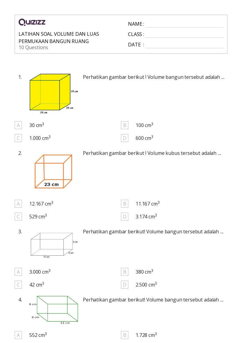 Mais de 50 planilhas volume dan luas permukaan no Quizizz Gratuito e