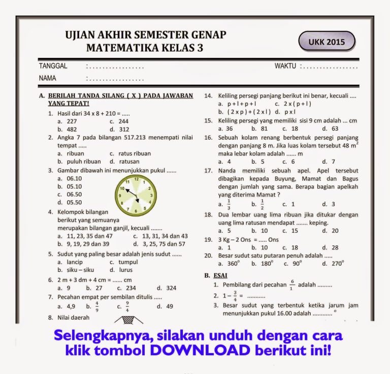 Bocoran 20 Contoh Soal Matematika Mid Semester 2 Kelas 3 SD Beserta Kunci Jawabannya