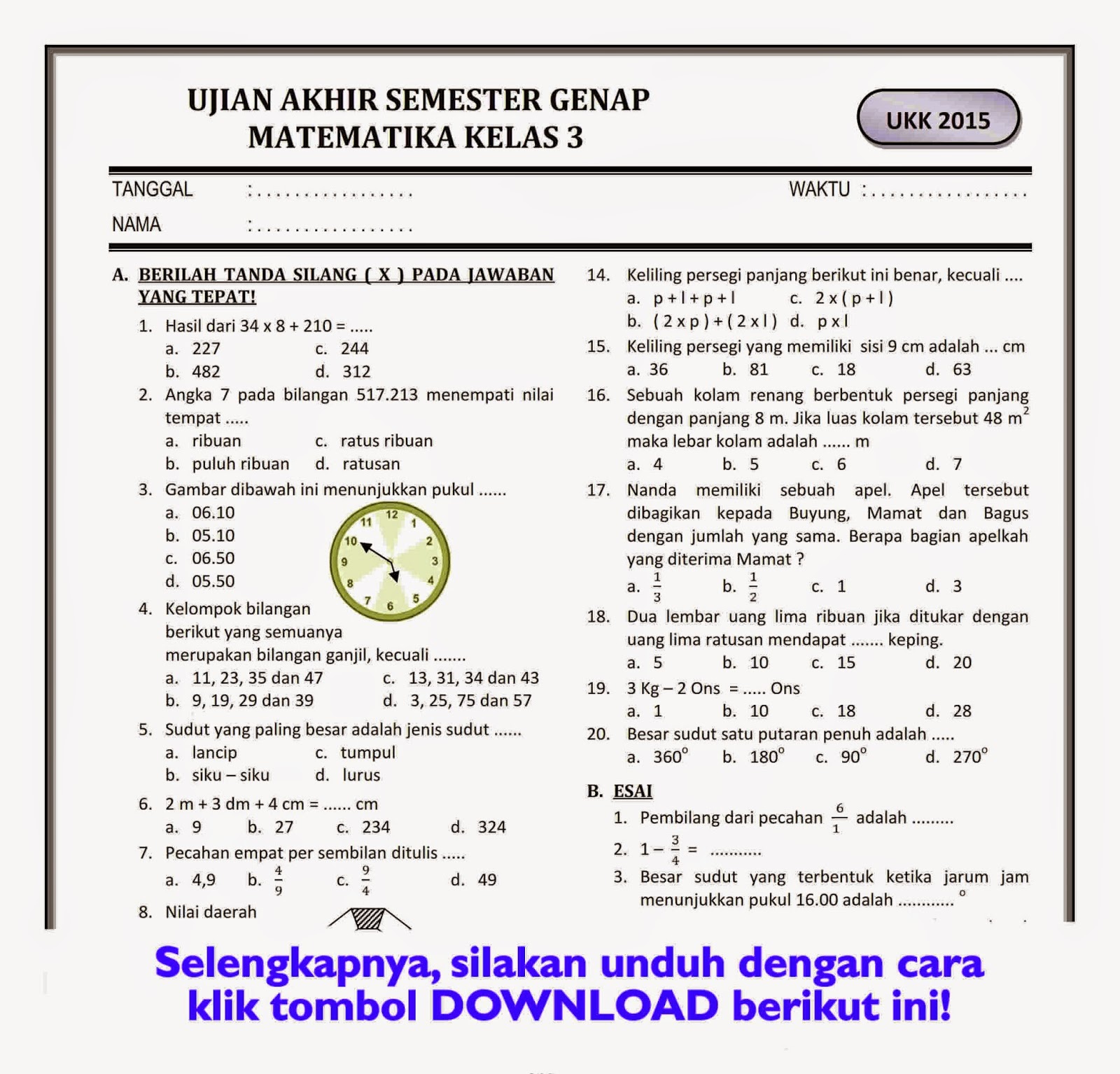 Bocoran 20 Contoh Soal Matematika Mid Semester 2 Kelas 3 SD Beserta Kunci Jawabannya