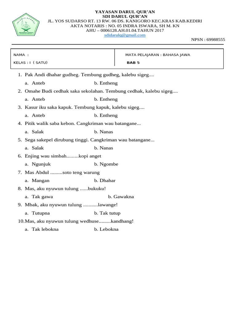 15 Contoh Soal Bahasa Jawa Kelas 1 Semester 2 Ternyata Polanya Sering Muncul
