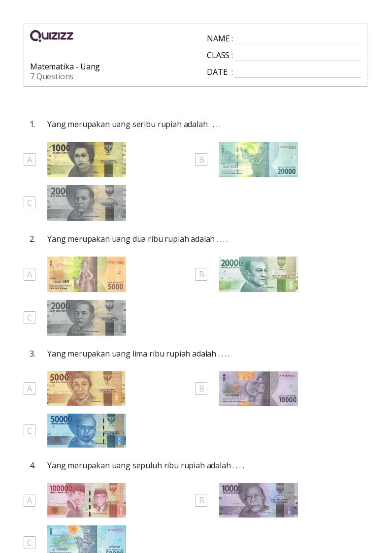 50 lembar kerja Matematika Uang untuk Kelas 6 di Quizizz Gratis