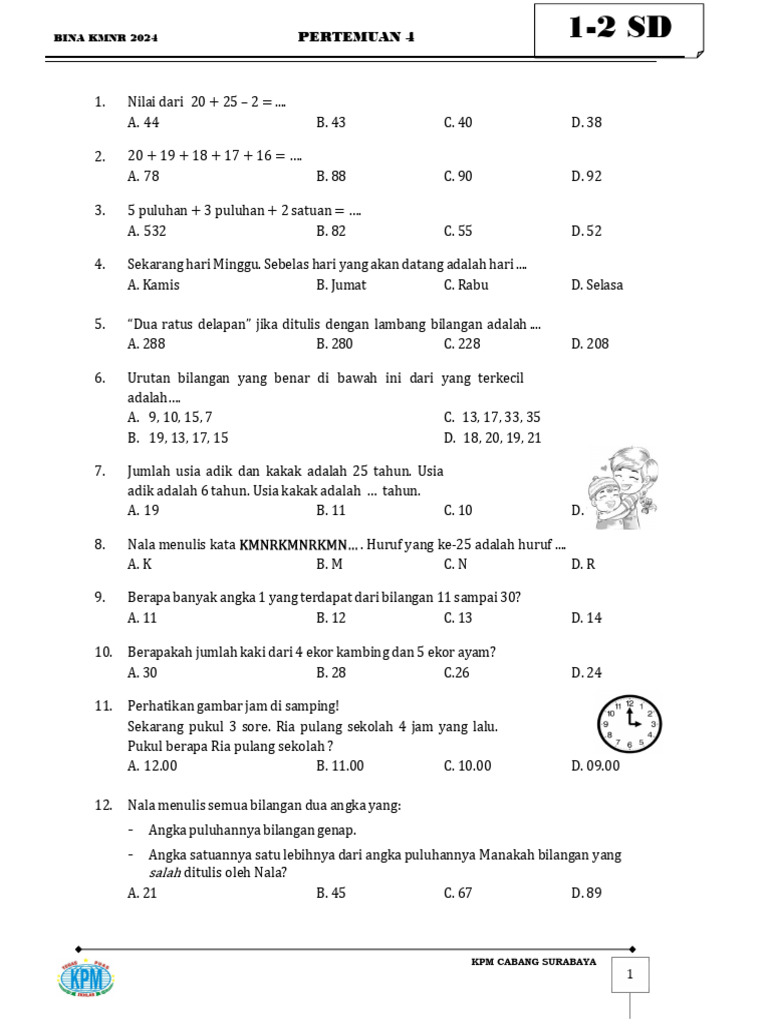 Soal Matematika Kelas 1-2 SD KMNR 2024 PDF