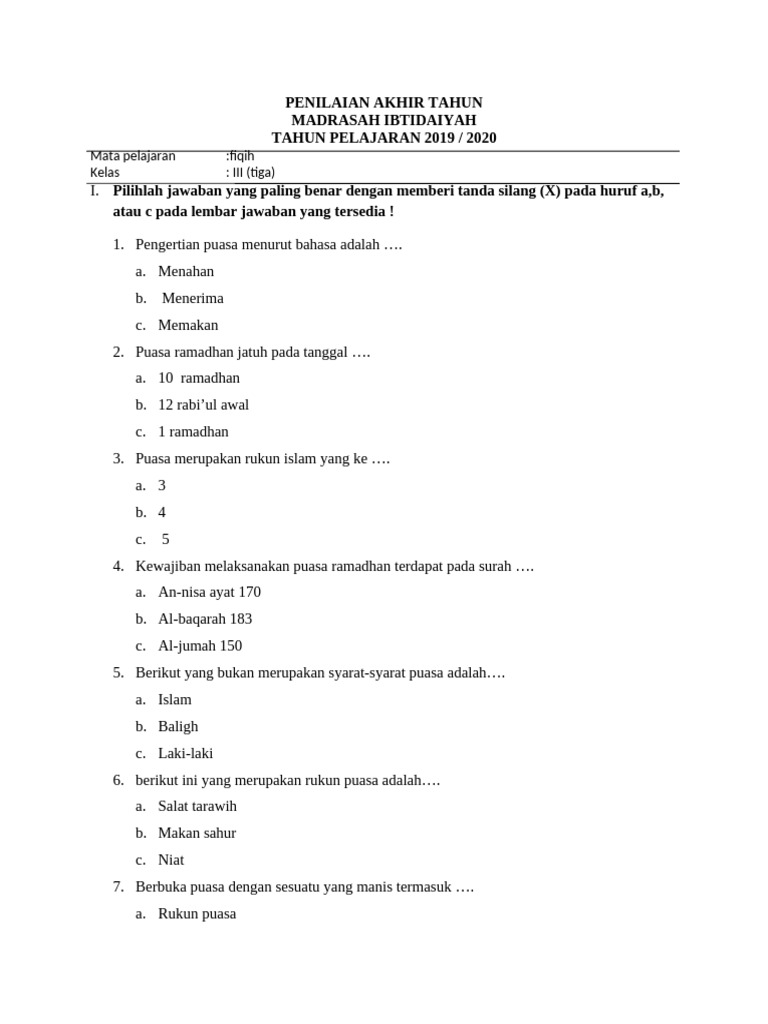 Soal Penilaian Fiqih Kelas III MI PDF Soal Penilaian Fiqih Kelas III MI PDF