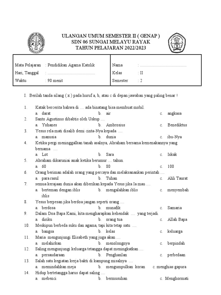 Soal UTS Agama Katolik Kelas 2 SD Semester 2 PDF