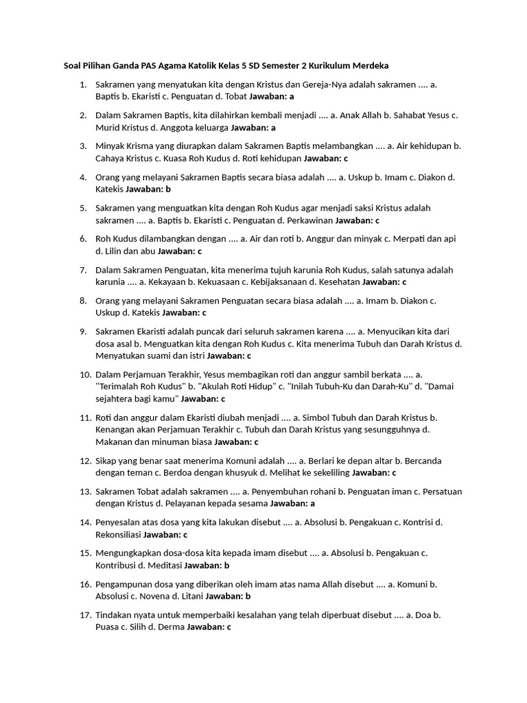 Soal Agama Katolik Kelas 5 Semester 2 PDF