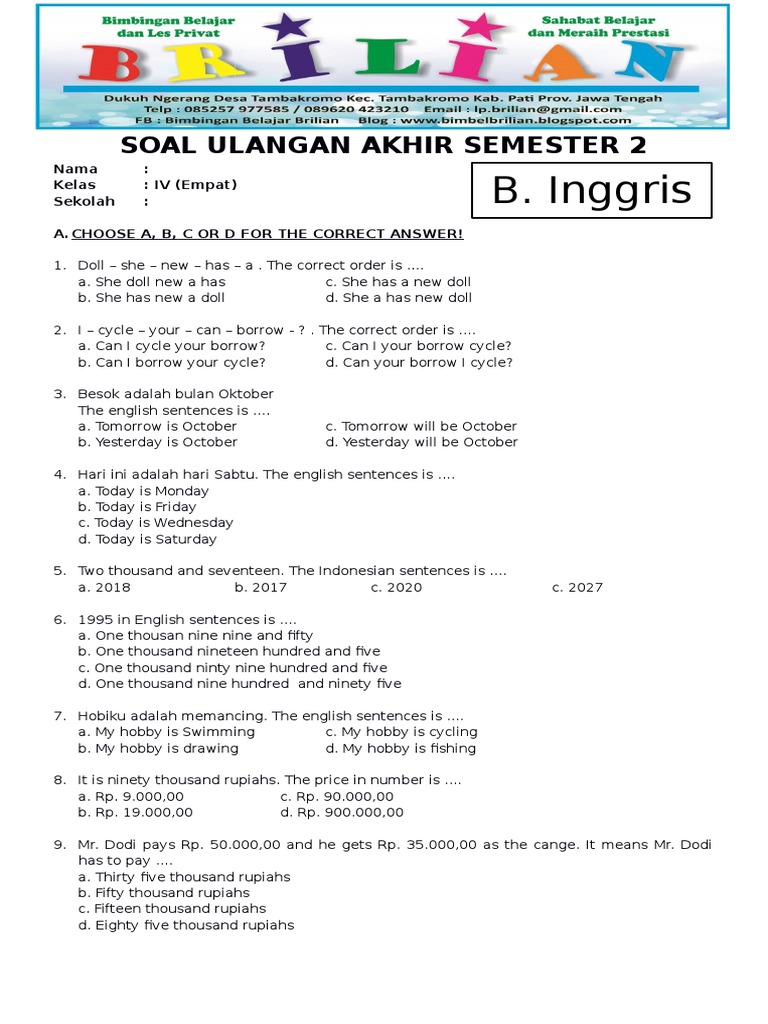 Kumpulan Soal UAS Bahasa Inggris Kelas 4 Semester 2 Terbaru 2026 Lengkap dengan Kunci Jawaban Pilihan dan Essay