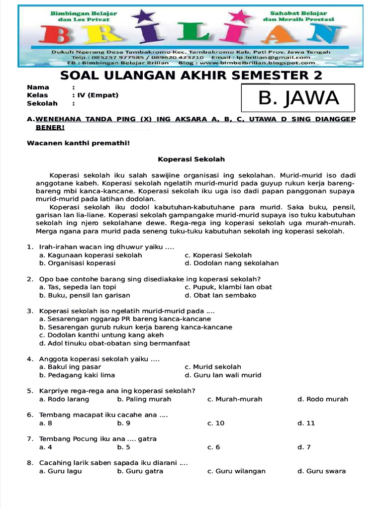 Kumpulan Soal UAS Bahasa Jawa Kelas 4 Terbaru 2026 Lengkap Kunci Jawaban Biar Nilaimu Sempurna