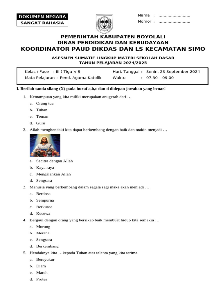latihan soal agama katolik kelas 3 sd semester 1