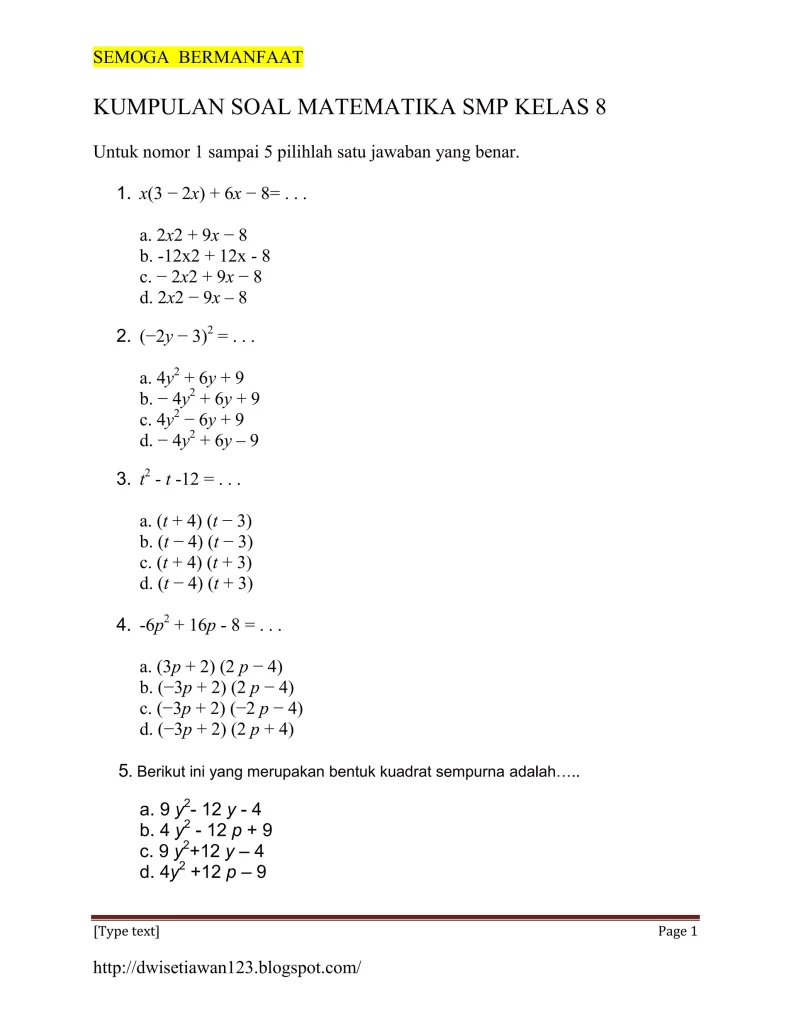 Kumpulan soal matematika smp kelas 8 DOCX