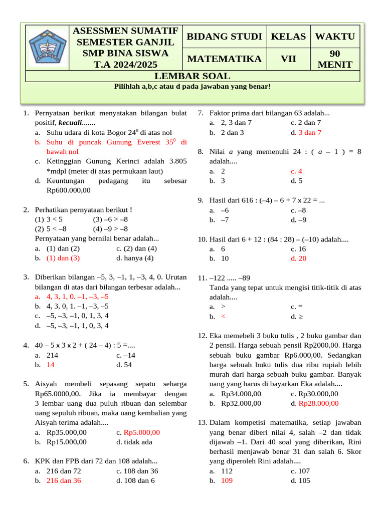 Terbukti! Contoh soal matematika SMP kelas 7 semester 1 Bikin Nilai Naik 5x Sebelum Ujian