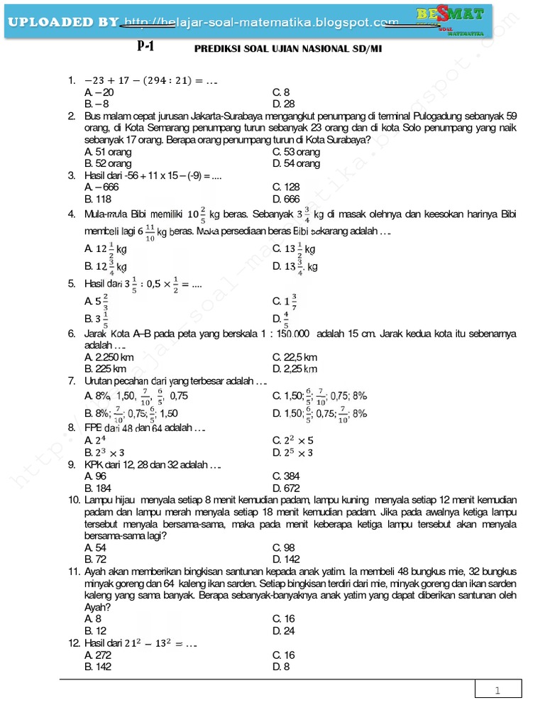 Rahasia Lolos Ujian dengan Contoh Soal Matematika SD Kelas 6 Semester 1 Tahun 2016 Terbaru