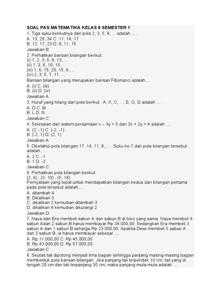 Rahasia Nilai Sempurna: Download Contoh Soal Matematika SMP Kelas 8 Semester 1 Doc Terbaru