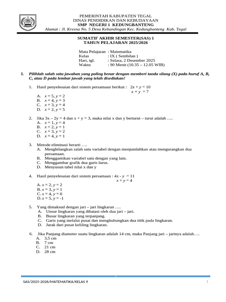 Rahasia Nilai Sempurna dengan Contoh Soal Matematika SMP Kelas 9 Semester 1 Bab 2