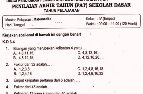 Wajib Tahu Kumpulan Soal UAS Kurikulum 2013 Kelas 4 Matematika Semester 2 Ini Terbukti Ampuh