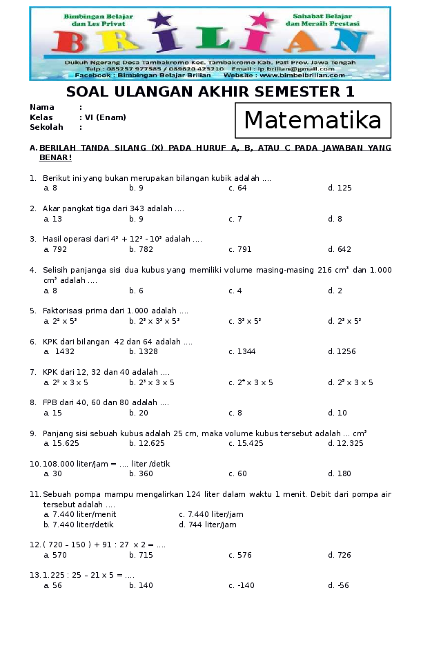 Wajib Tahu Kumpulan Soal UAS Matematika Kelas 4 Semester 2 Kurikulum 2013 Agar Nilai Maksimal
